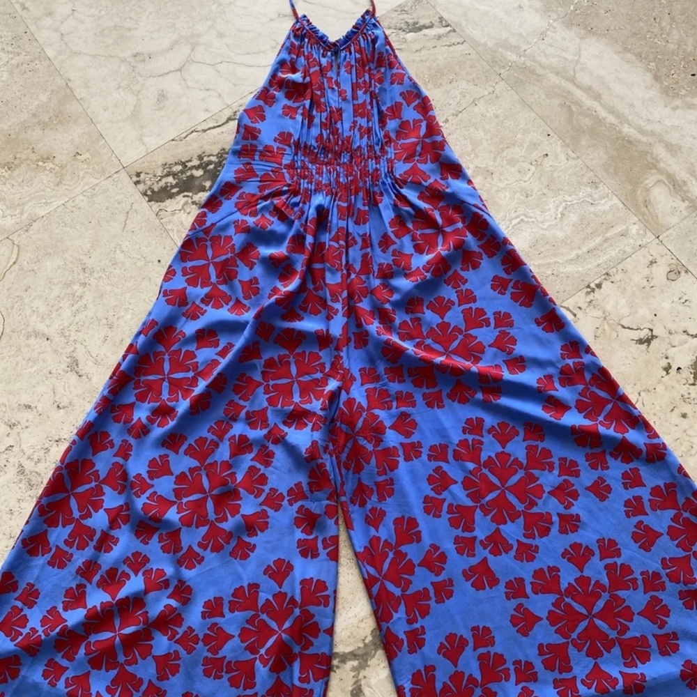 DIANE VON FURSTENBERG  HALTER Neck Romper JUMPSUIT Silk Blue &red Floral SZ 8